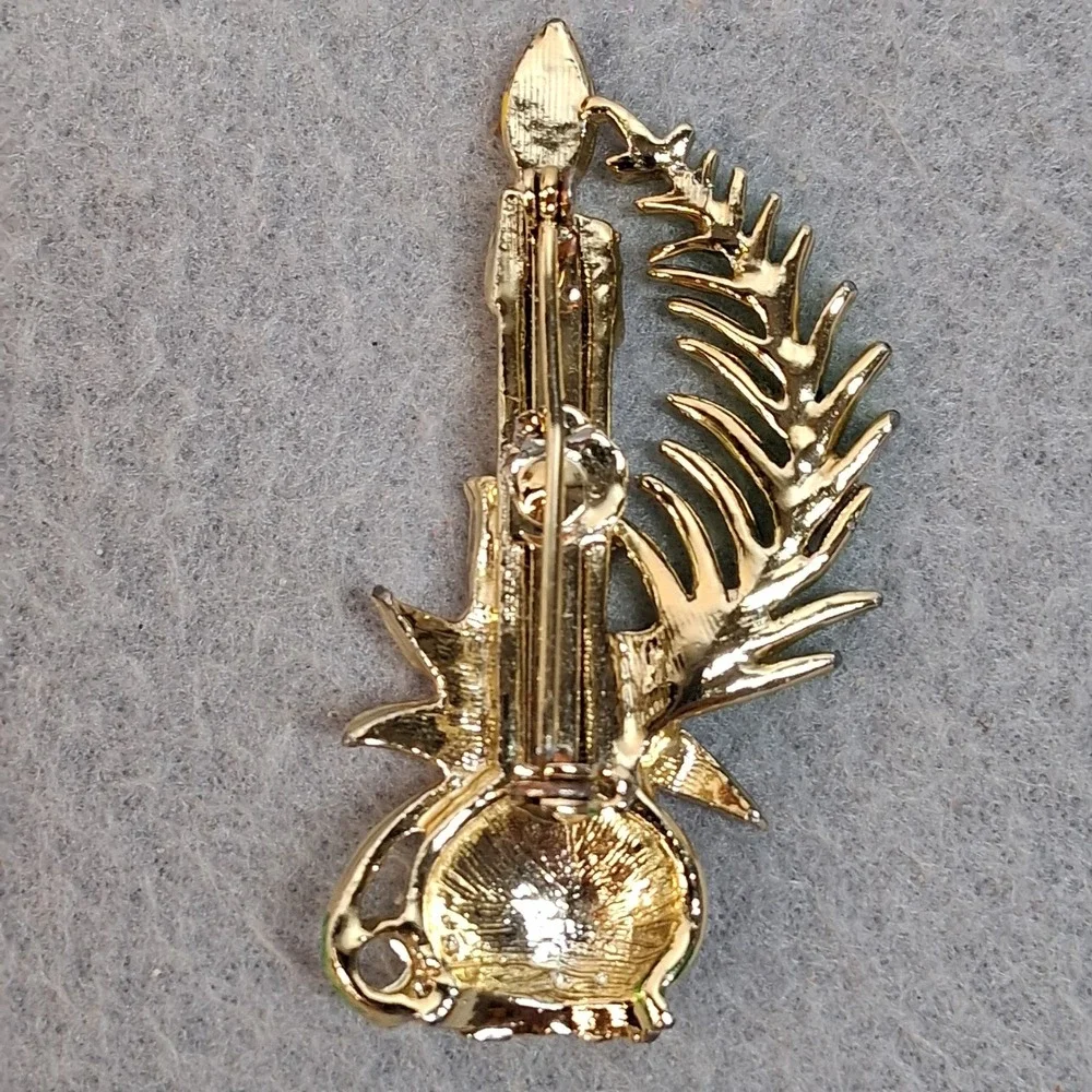Vintage Christmas Candle Poinsettia Brooch Gold Tone Enamel Rhinestone Pin